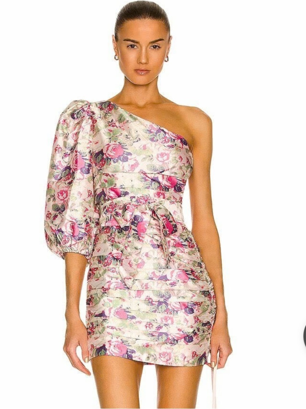 LoveShackFancy Altie Veiled Kiss Mini Dress in a Pink Floral One-Shoulder 🌸